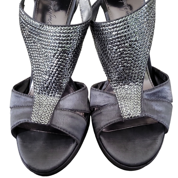 *sold* Jacqueline Ferrar Women's Silver Sparkle Open Toe Heels Sandals Size 6.5M - Picture 5 of 10